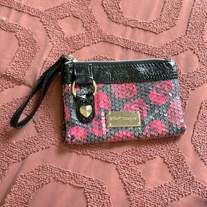 Betsy Johnson Sequined Skull & Rose Print Wristlet Wallet Black